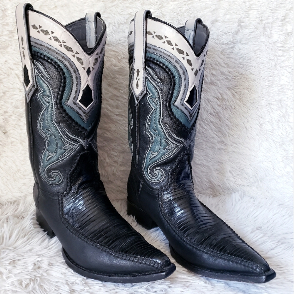 SALE🔥 Black Butterfly Snip Toe Lizard Western Boots Mexican Botas